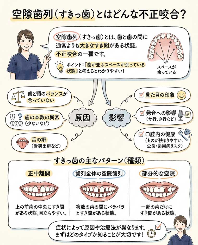 空隙歯列（すきっ歯）とはどんな不正咬合？の図解