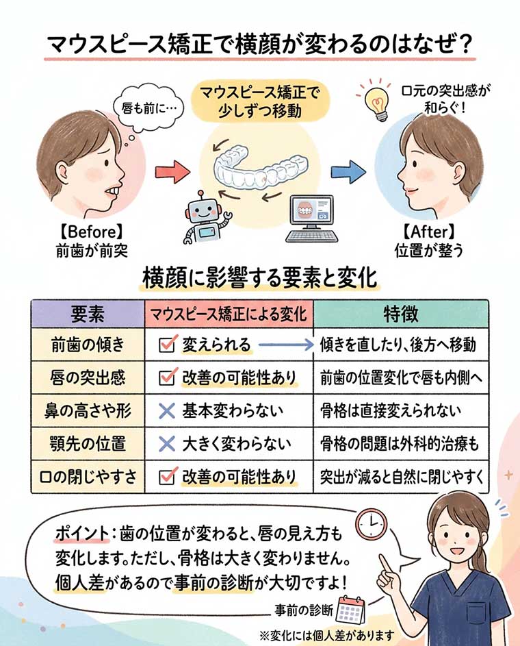 マウスピース矯正で横顔が変わるのはなぜ？の図解