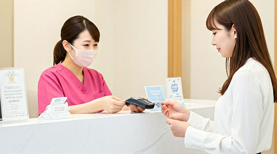 歯科医院の受付で治療費を支払う女性