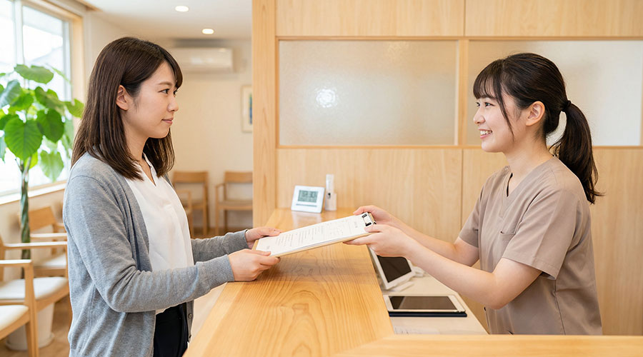 患者さんの受付対応をする歯科スタッフ