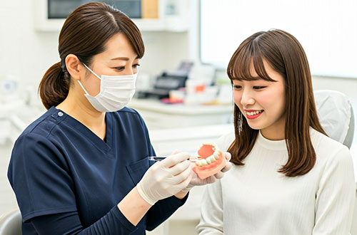 歯の模型で説明する歯科医師