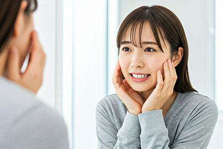 鏡で歯を気にする女性