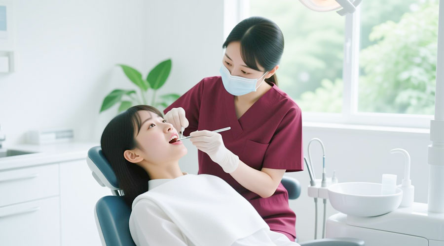 口腔内をチェックする歯科衛生士