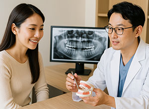 治療の説明を行う歯科医師