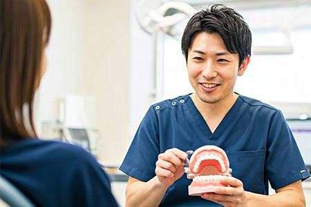 歯の模型で説明する歯科医師