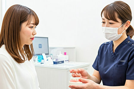 歯の模型を使って説明する歯科医師