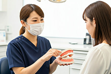 患者さんの歯の模型を使って説明する歯科医師