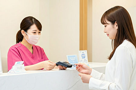 歯科の受付で支払いを行う女性