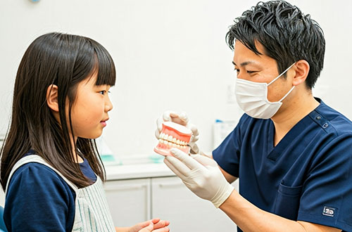 子供に歯の模型で説明する歯科医師
