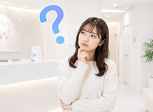 歯科医院の受付で悩んでいる女性