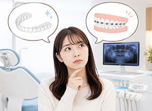 マウスピースかワイヤーで悩んでいる女性