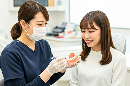 歯の模型を使って説明をする歯科医師