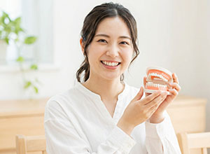 歯の模型を持つ笑顔の女性