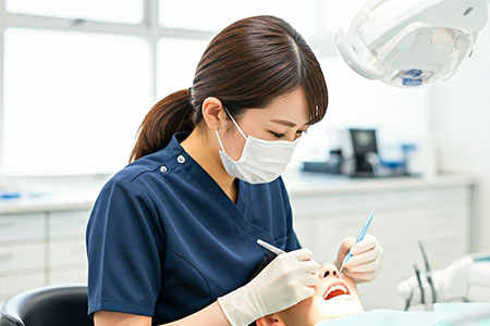 歯をチェックする歯科医師